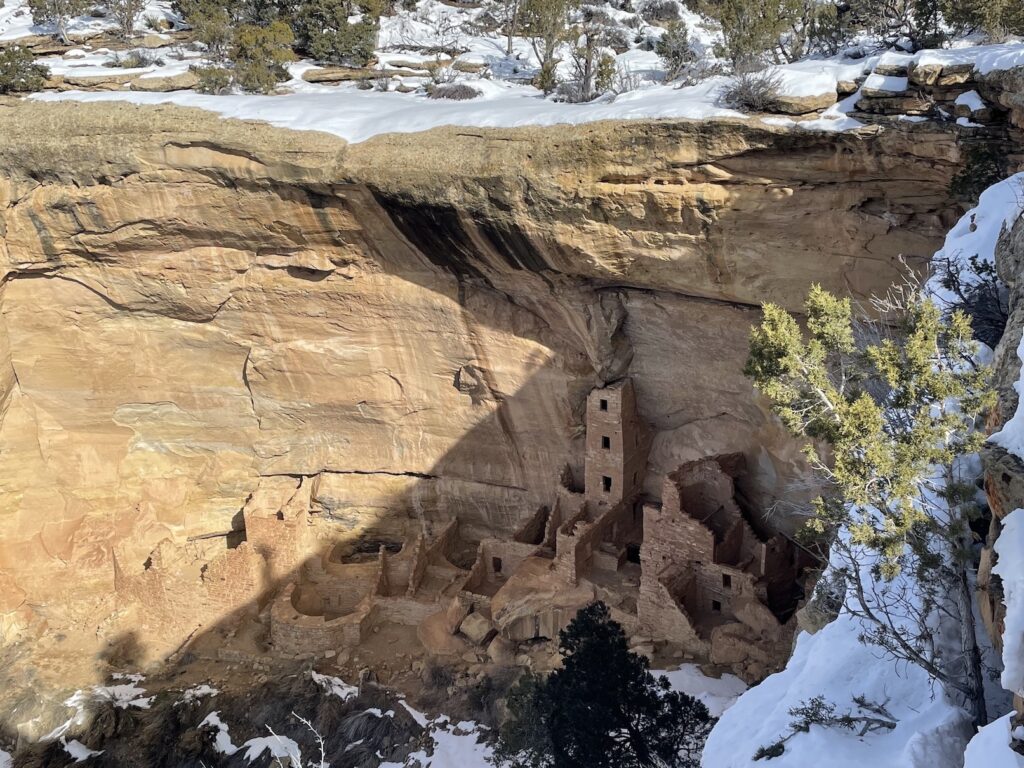 Square Tower House cliff dwelling Mesa Verde in winter snow